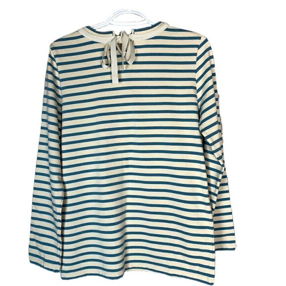Tory Burch T-Shirt Casual Long Sleeve Blue White Striped Back Embellished Tie - Picture 2 of 11